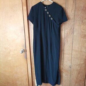 Evan Picone Black Maxi Dress Size 10 Asymmetrical Grommet Neck Short Sleeve